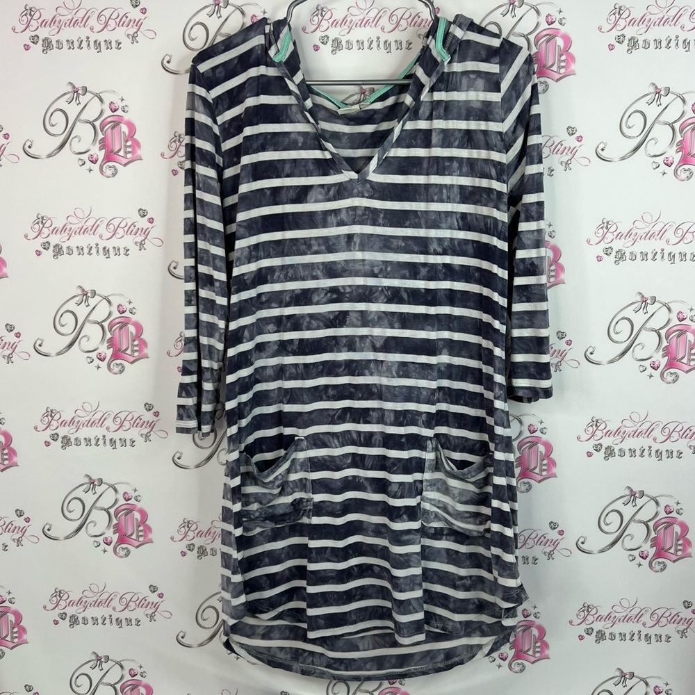 Saint Tropez West dress pockets hooded Navy and White Striped Long Sleeve Top